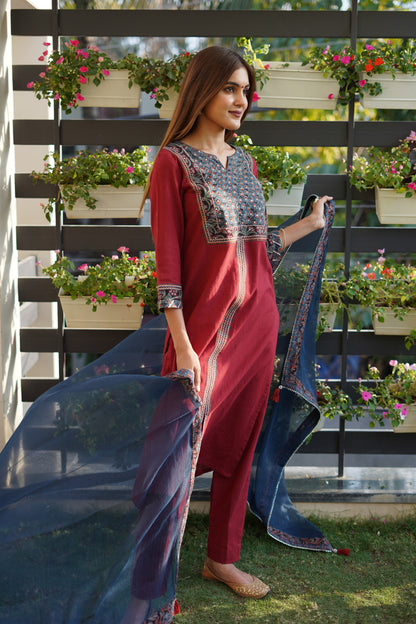 Red cotton slub with blue hand embroiderd Ajrakh Yoke suitset