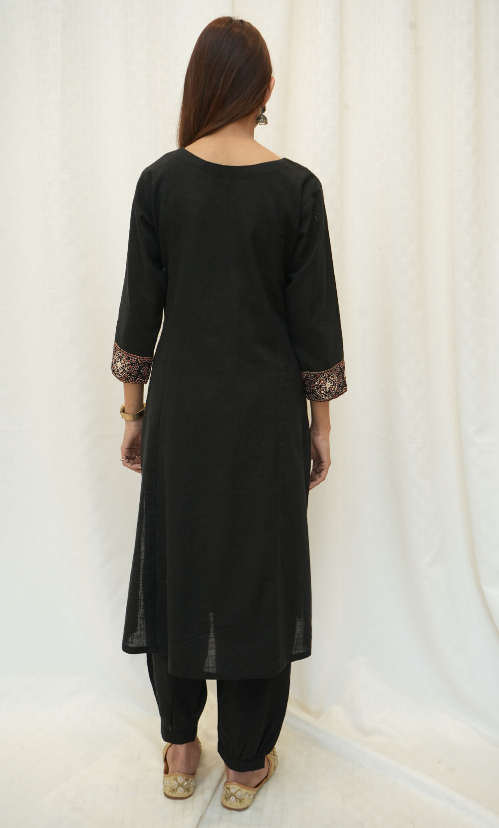 Black Cotton Ajrakh Patched Kurta