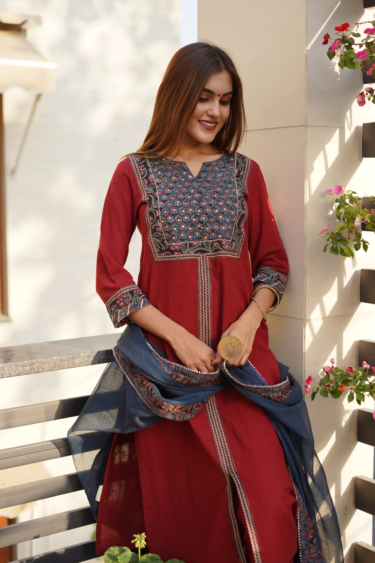 Red cotton slub with blue hand embroiderd Ajrakh Yoke suitset