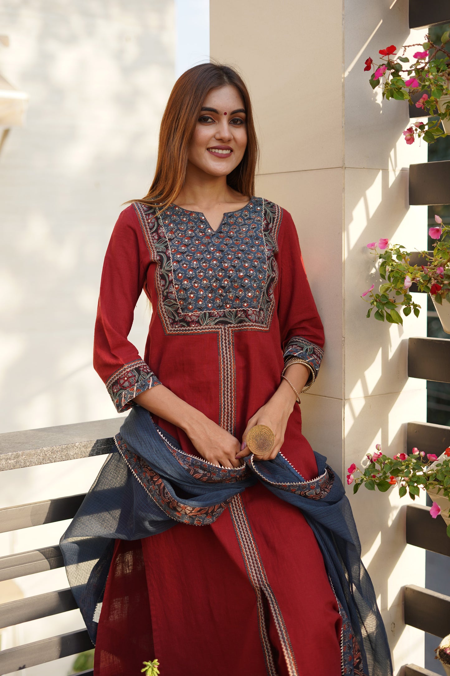Red cotton slub with blue hand embroiderd Ajrakh Yoke suitset