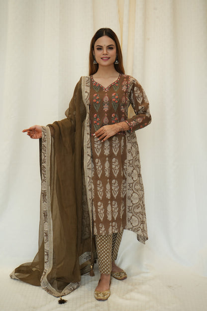 Ochre bagh print multicolor silk embroidered suitset