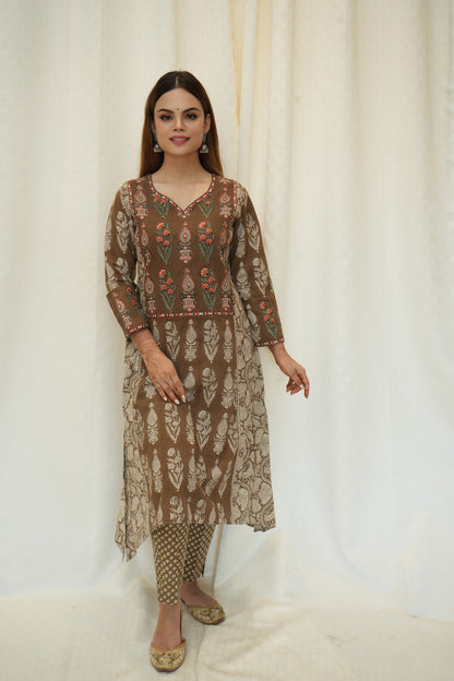 Ochre bagh print multicolor silk embroidered suitset