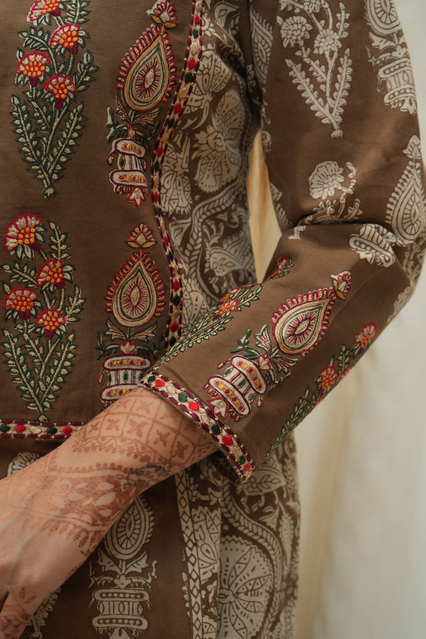 Ochre bagh print multicolor silk embroidered suitset