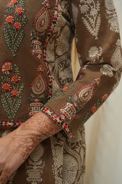 Ochre bagh print multicolor silk embroidered suitset