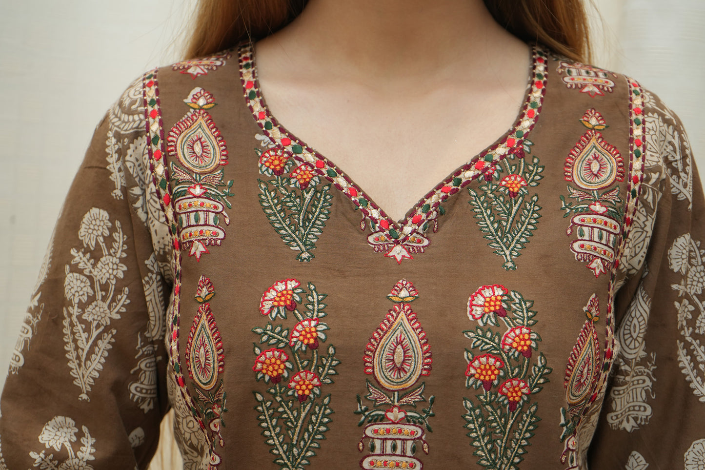 Ochre bagh print multicolor silk embroidered suitset