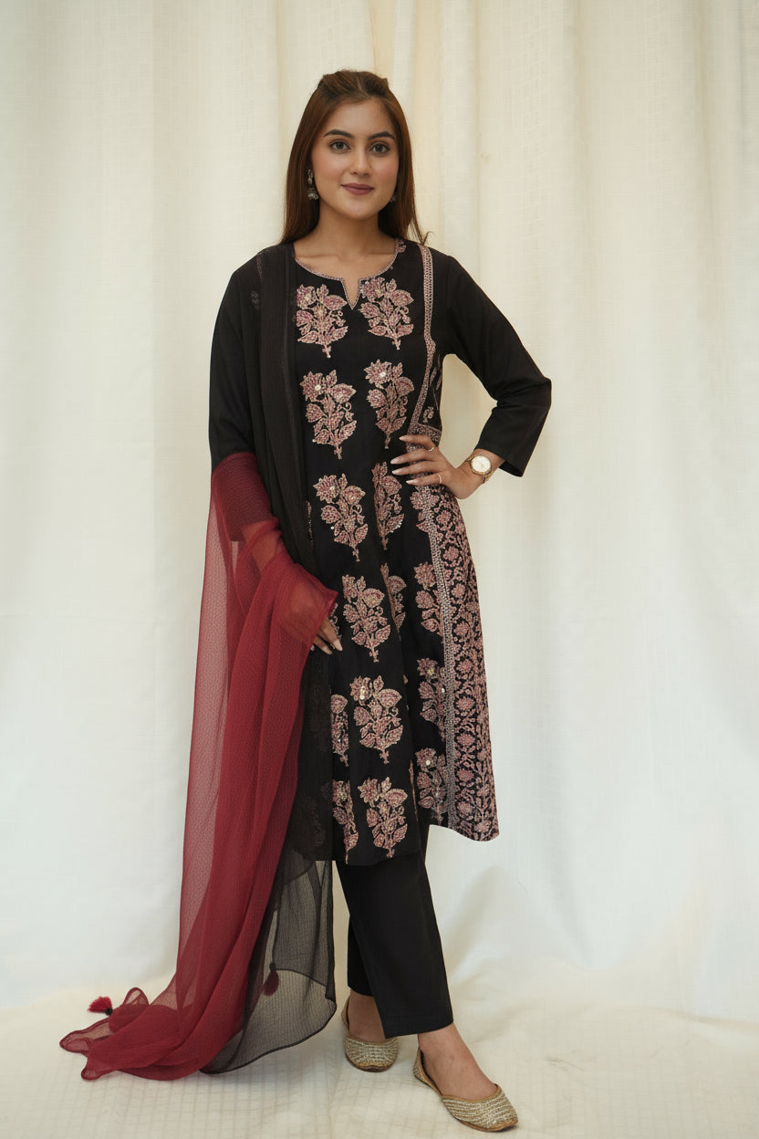 Black bagh buta hand embroidery sequence embellished suitset