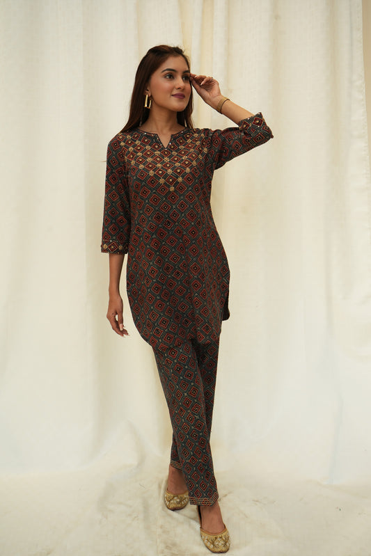 Blue red Ajrakh hand embroidered Kurti