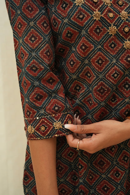Blue red Ajrakh hand embroidered Kurti