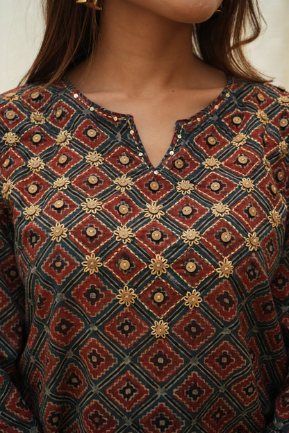 Blue red Ajrakh hand embroidered Kurti