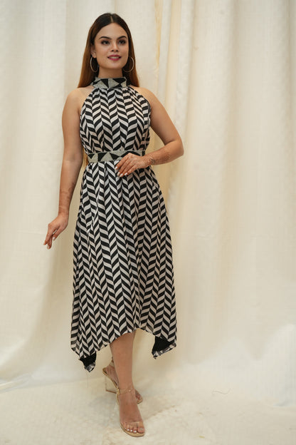 Black and White Zigzag Beaded Halter Neck Dress