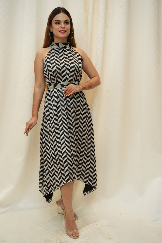 Black and White Zigzag Beaded Halter Neck Dress