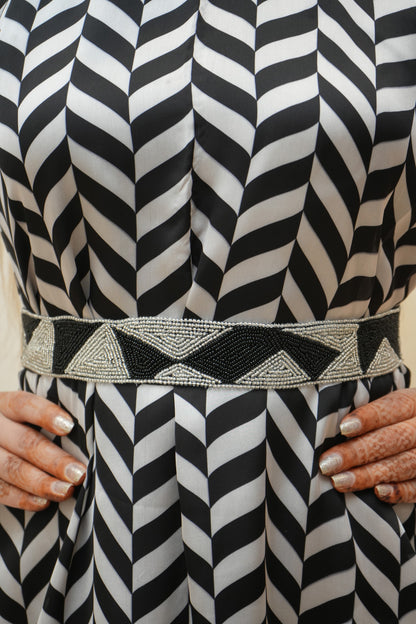 Black and White Zigzag Beaded Halter Neck Dress