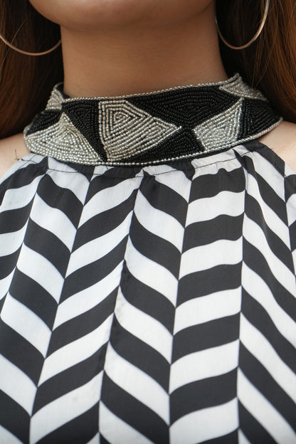 Black and White Zigzag Beaded Halter Neck Dress