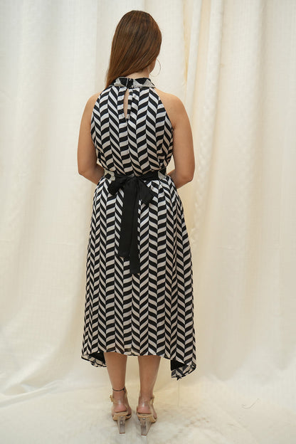 Black and White Zigzag Beaded Halter Neck Dress