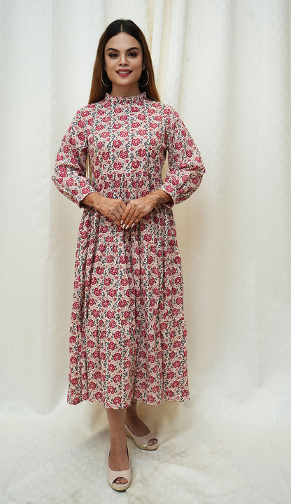 Beige Red floral highneck tier Dress