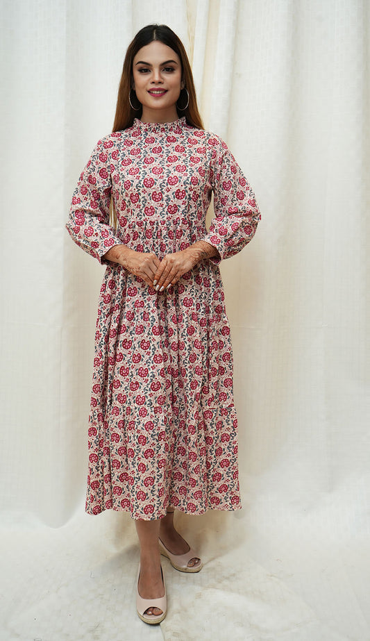 Beige Red floral highneck tier Dress