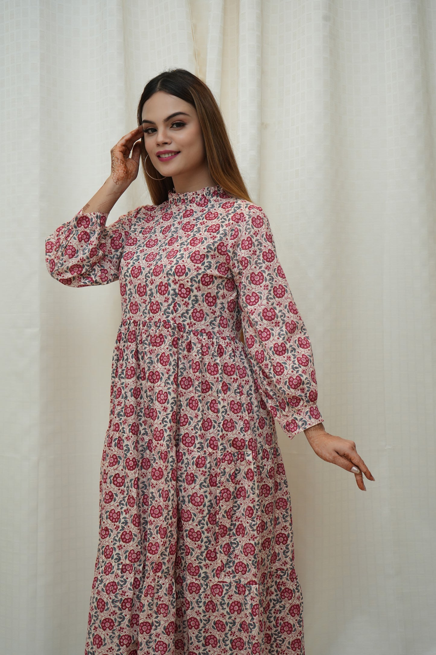 Beige Red floral highneck tier Dress