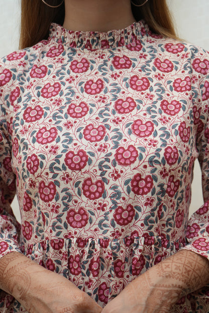 Beige Red floral highneck tier Dress