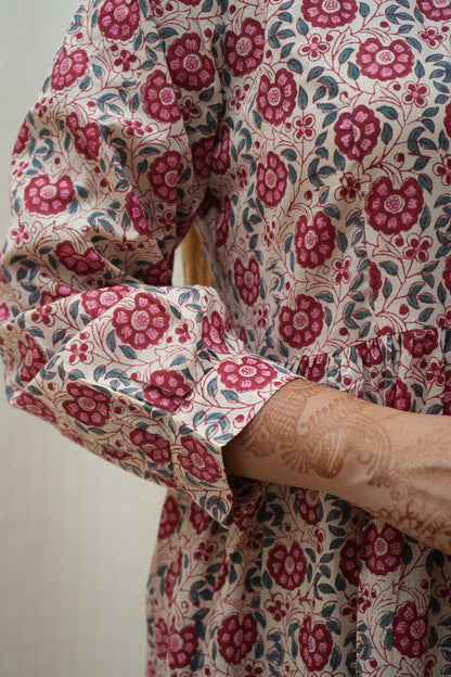 Beige Red floral highneck tier Dress