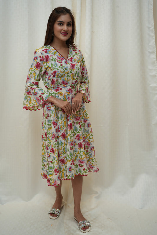 White Multicolor Floral Scallop Dress