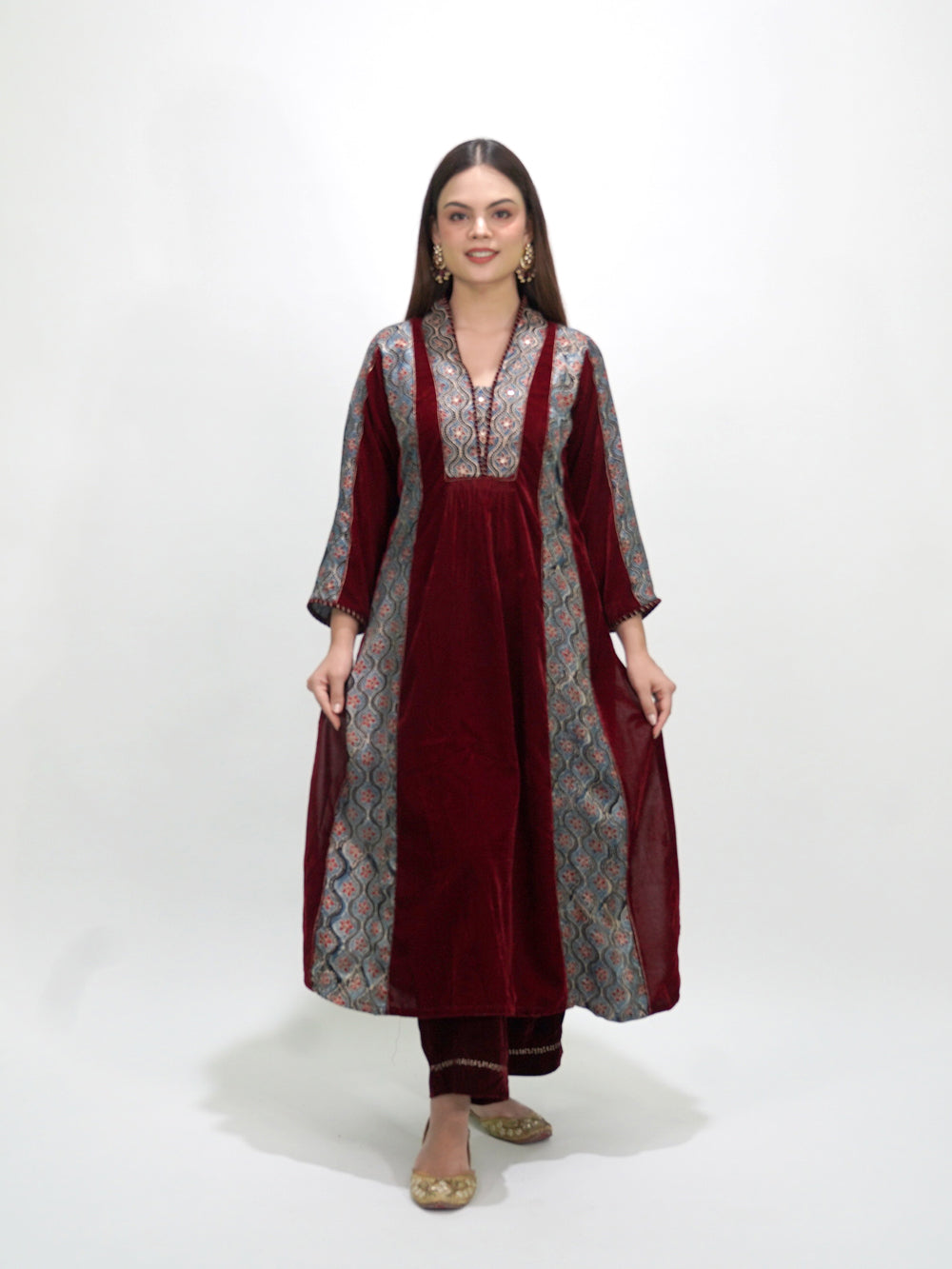 Maroon Velvet Ajrakh Applique Golden Embroidered Kurta And Pant-Set of 2