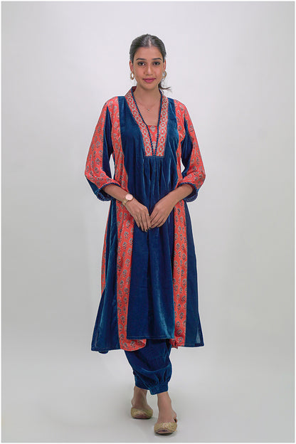 Blue Velvet Orange Ajrakh Applique Kurta And Pant