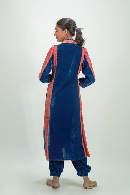 Blue Velvet Orange Ajrakh Applique Kurta And Pant