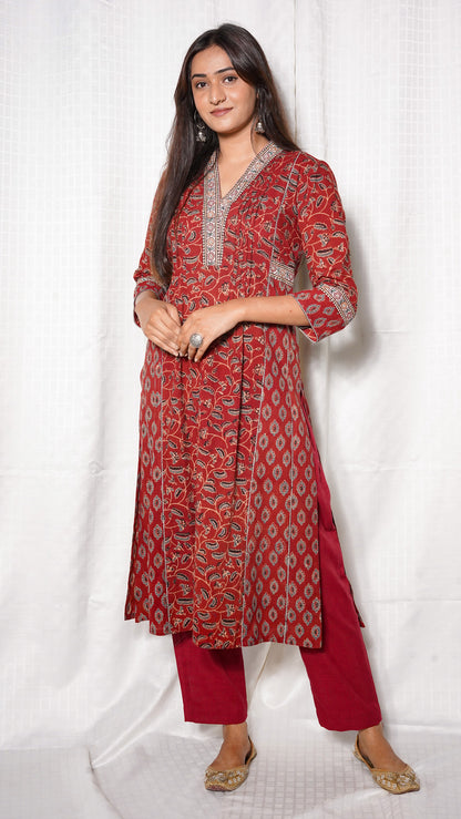 Red Ajrakh silk embroidered  Kurta with Kota doria Dupatta