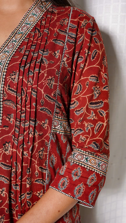 Red Ajrakh silk embroidered  Kurta with Kota doria Dupatta