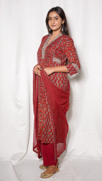 Red Ajrakh silk embroidered  Kurta with Kota doria Dupatta