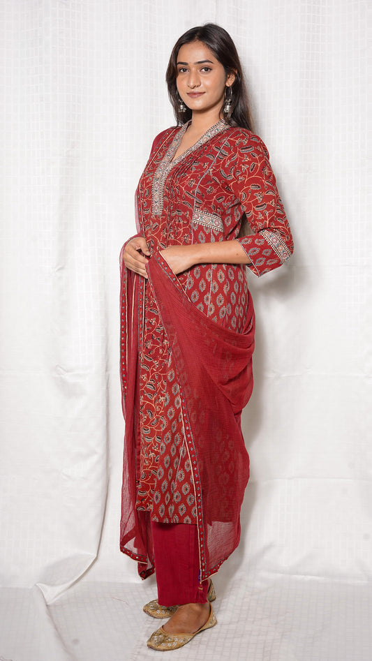 Red Ajrakh silk embroidered  Kurta with Kota doria Dupatta