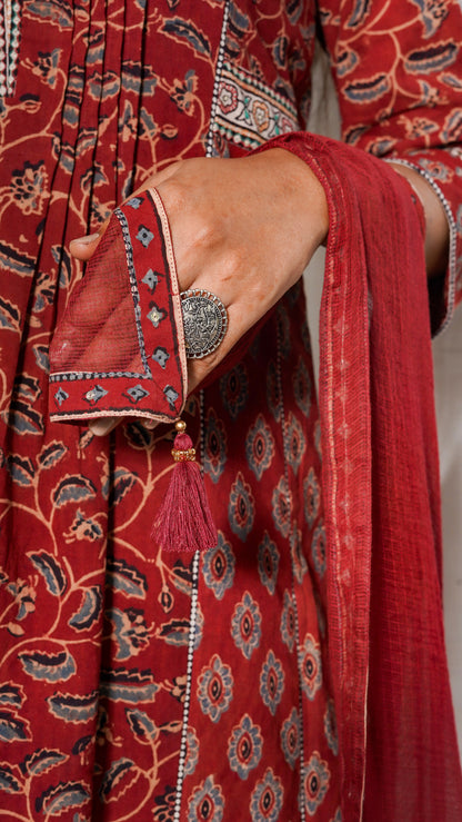 Red Ajrakh silk embroidered  Kurta with Kota doria Dupatta