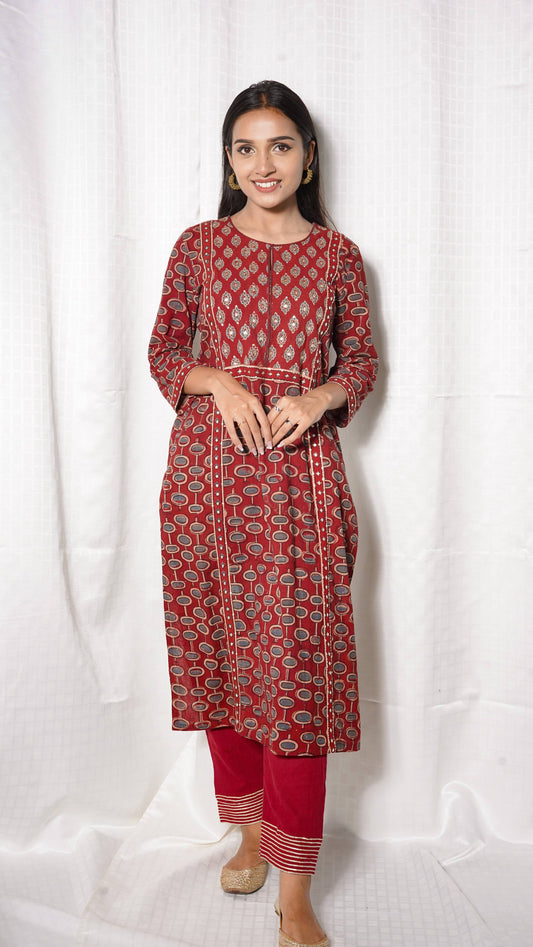 Red Ajrakh Hand Block Printed Cotton Kurta with Pants - Set of 2