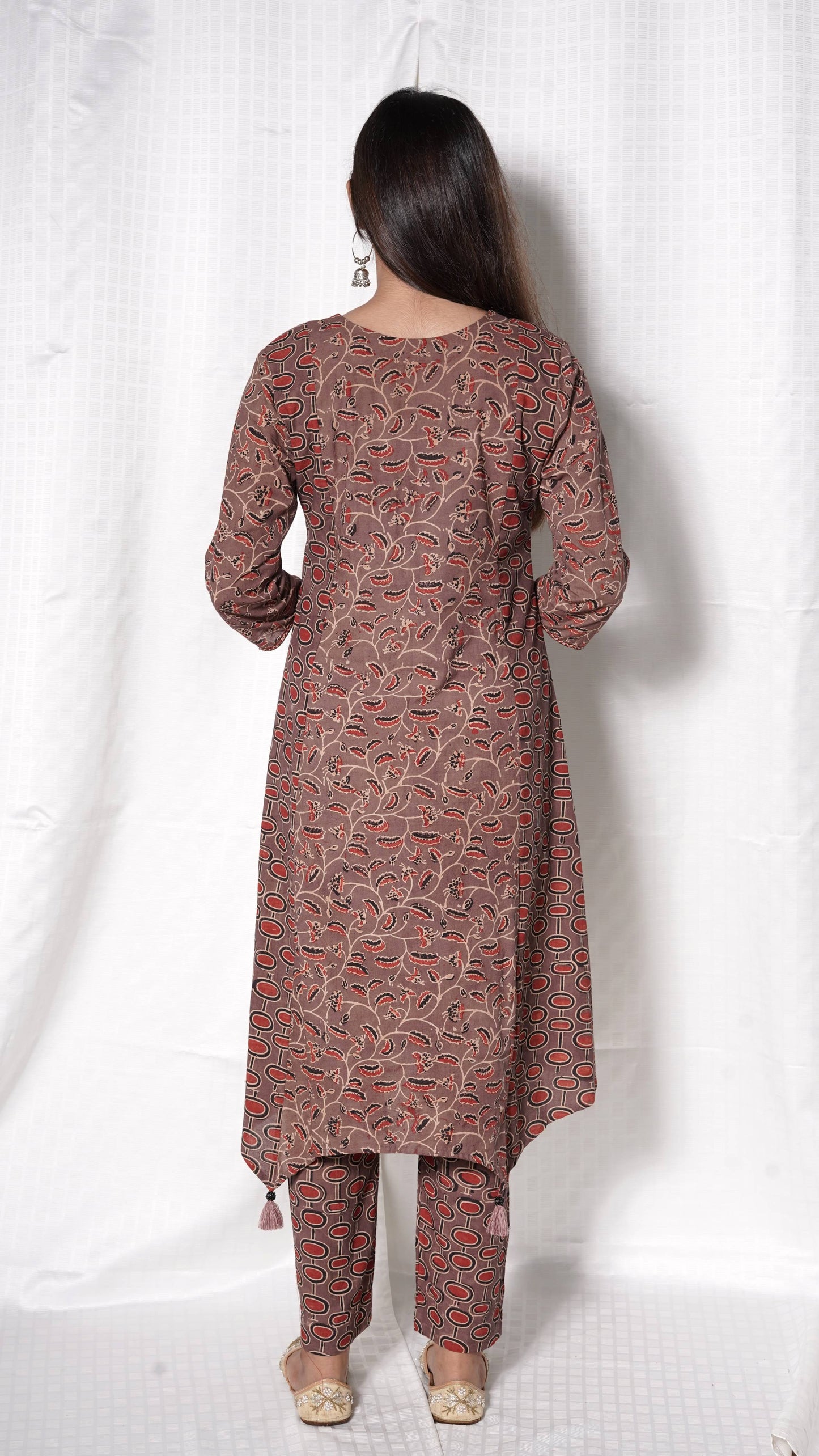 Brown Ajrakh Hand Block Printed Cotton Kurta with Pants - Set of 2