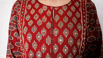 Red ajrakh yoke sequence embellished suit set