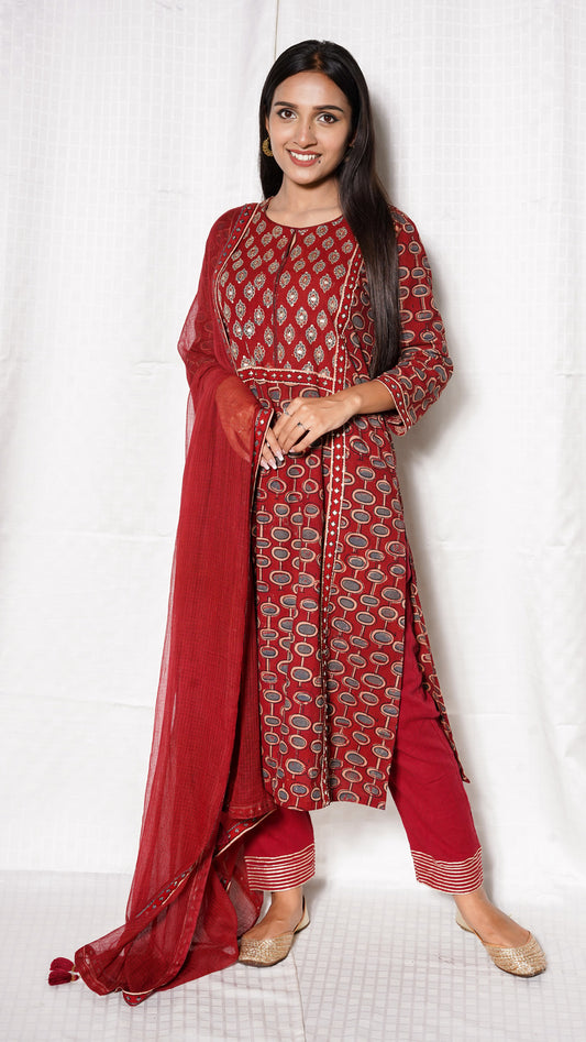 Red ajrakh yoke sequence embellished suit set
