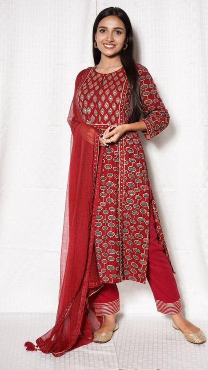 Red ajrakh yoke sequence embellished suit set