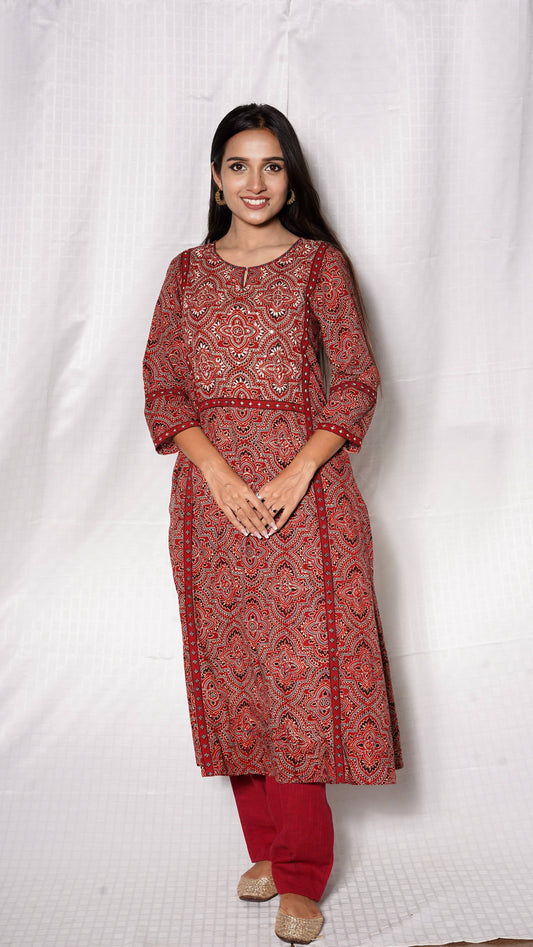 Red Ajrakh Circle Hand Embroidered Kurta and Pant