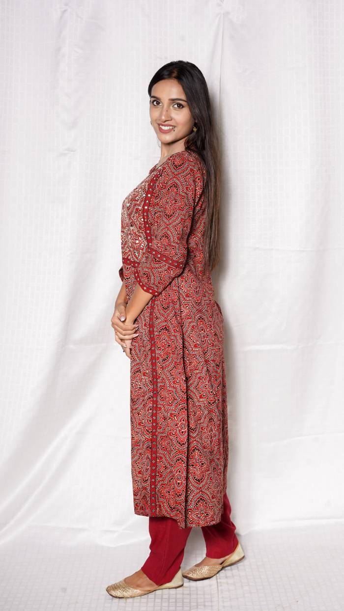 Red Ajrakh Circle Hand Embroidered Kurta and Pant