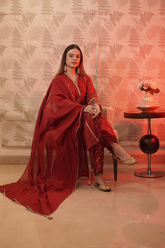 Red Chanderi Golden Sequence Suit Set
