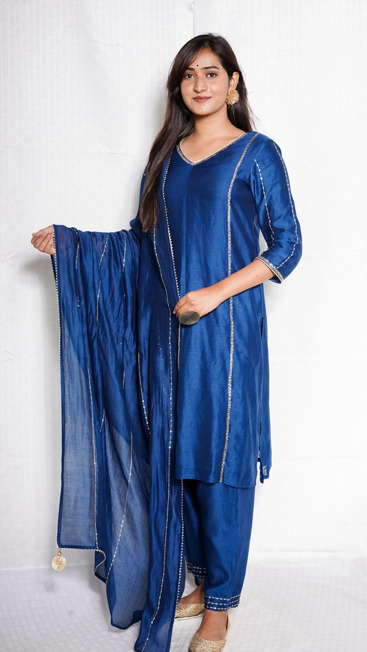 Blue Chanderi Silk Golden Embroidered Suit Set