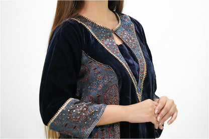 Dark Blue Velvet Ajrakh Applique Kurta And Pant-Set of 2