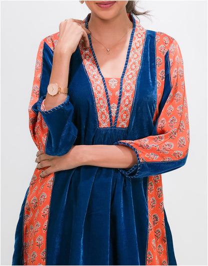 Blue Velvet Orange Ajrakh Applique Kurta And Pant