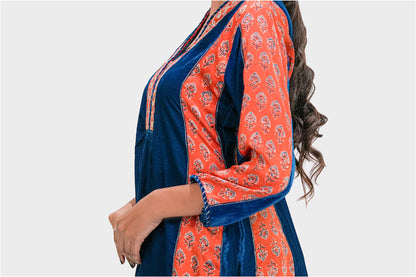 Blue Velvet Orange Ajrakh Applique Kurta And Pant