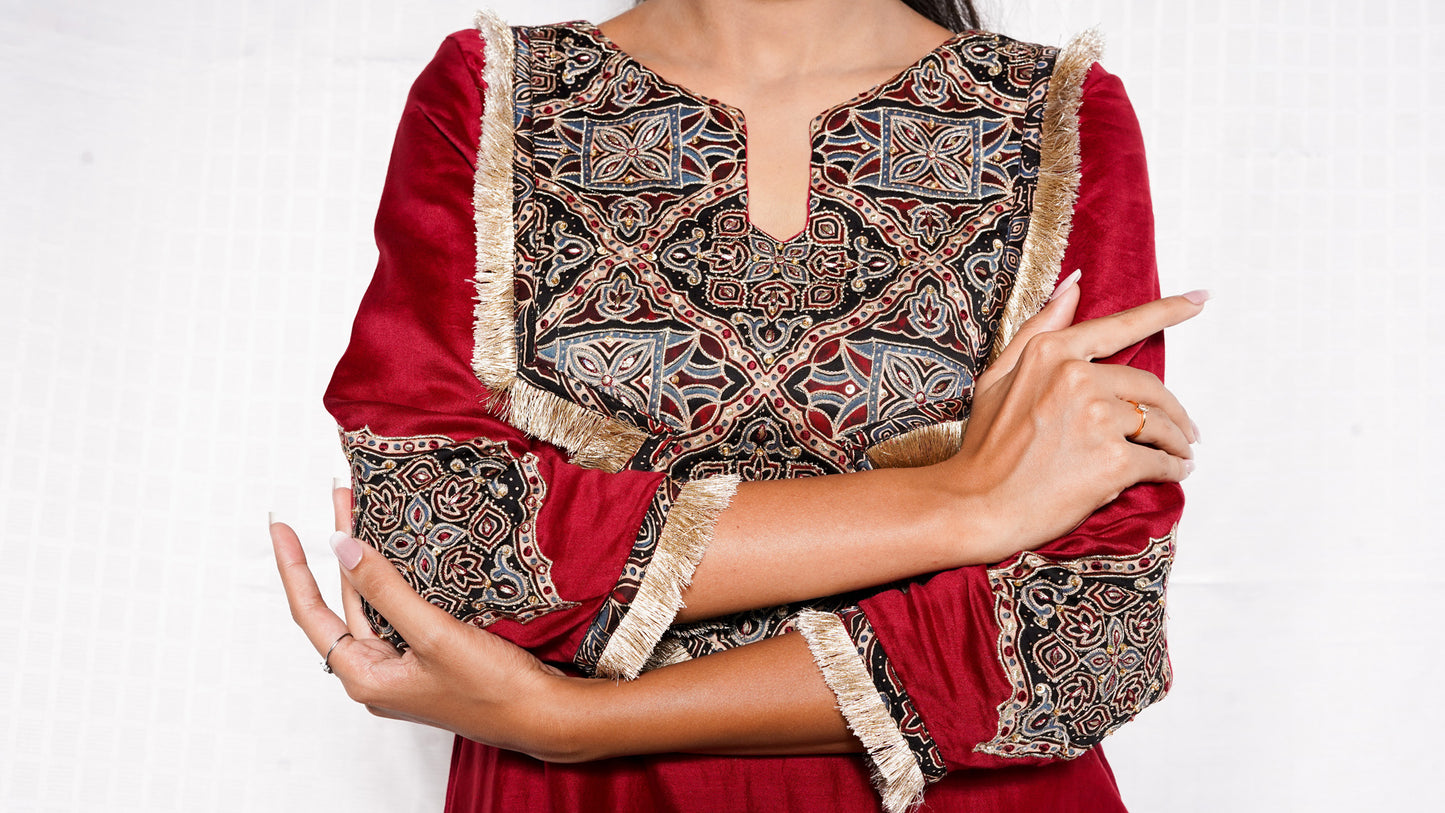 Marron Modal ajrakh patched suitset