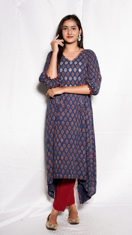 Blue Buti Print Hand work Kurta Pant