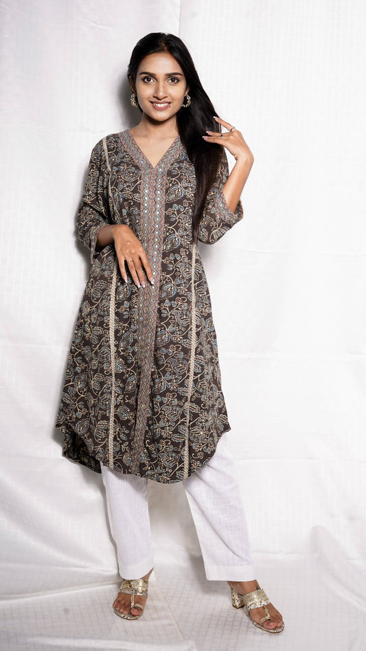 Grey and Blue Ajrakh Machine Embroidered Kurta and Pant