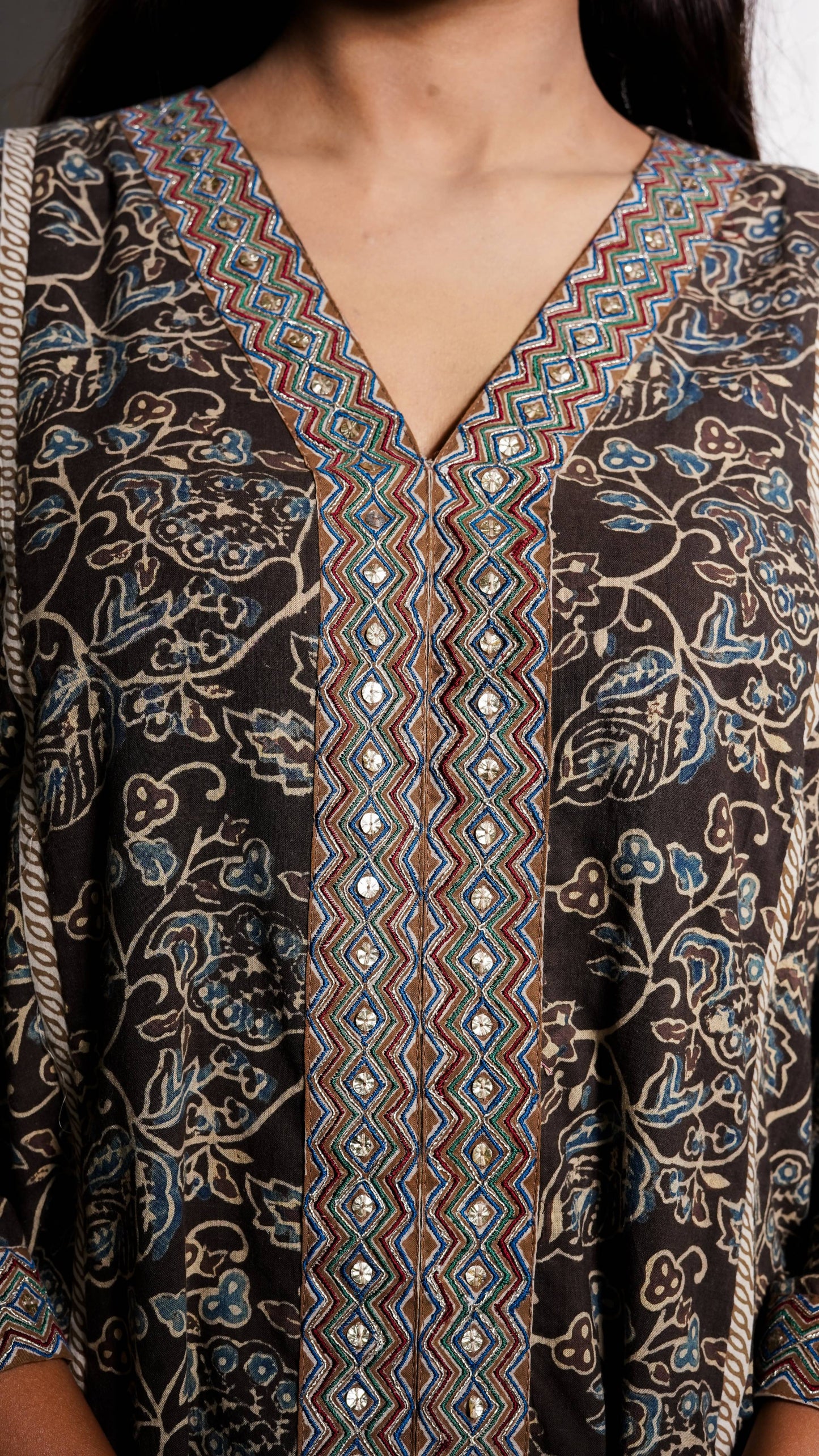 Grey and Blue Ajrakh Machine Embroidered Kurta