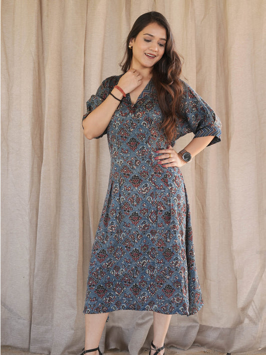 Blue Modal Ajrakh V Neck Dress