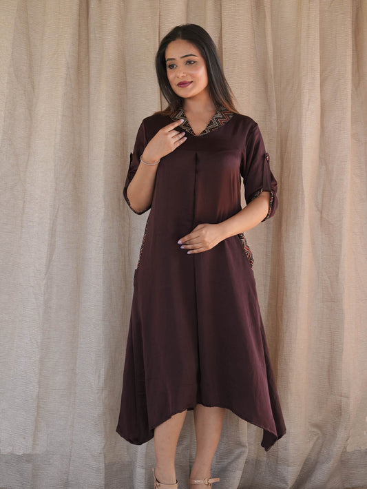 Brown Modal Ajrakh Applique Dress